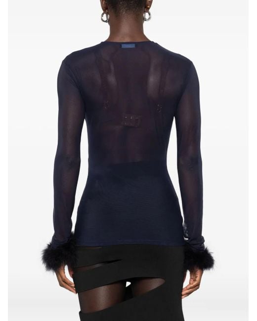Mugler Blue Mesh Feather-cuff Top