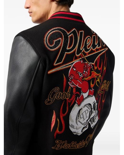 Philipp Plein Black Leather-Sleeve Skull-Detail Bomber Jacket for men