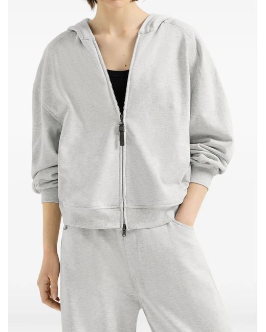 Brunello Cucinelli White Cotton Smooth French-Terry Topwear With Shiny Zipper-Pull