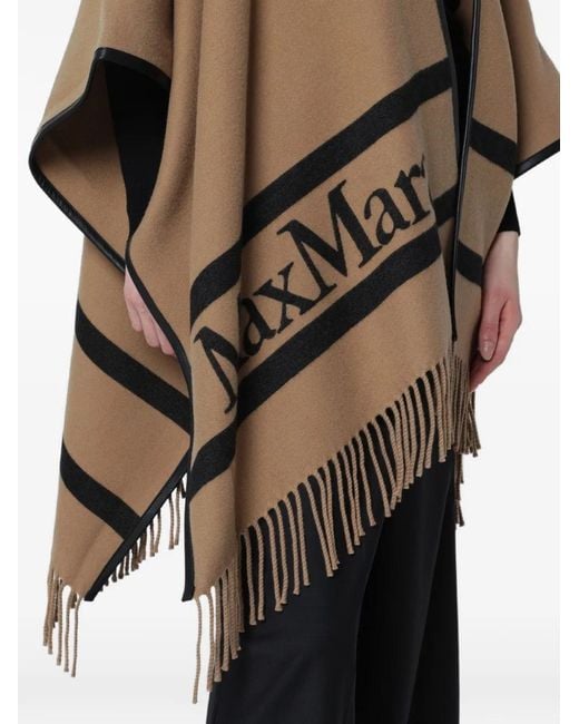 Max Mara Brown Logo-Jacquard Fringed Poncho
