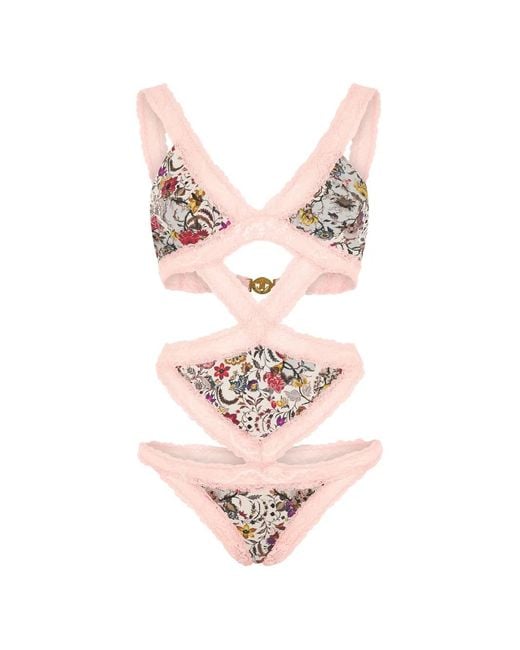 Roberto Cavalli Pink Maillot De Bain À Fleurs Et Finitions En Dentelle