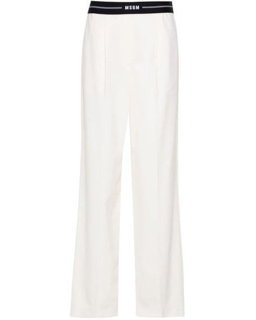 MSGM White Logo-waistband Wide-leg Trousers