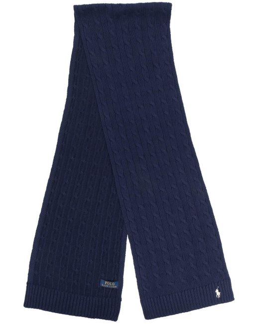 Polo Ralph Lauren Blue Embroidered-logo Cable-knit Scarf