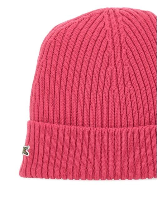 Lacoste Pink Ribbed Logo-Patch Beanie Hat for men