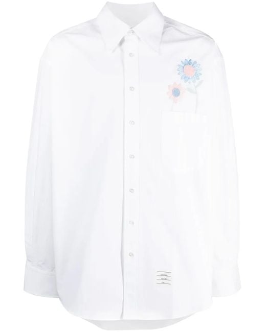 Thom Browne White Madras Flower Patch-Embroidered Cotton Shirt for men