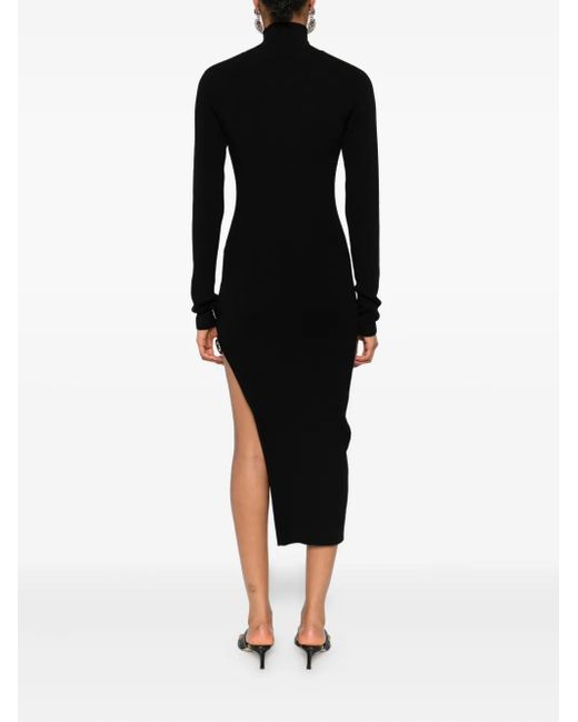 Blumarine Black Ribbed Turtleneck Buckle-Detail Asymmetric Party Dress