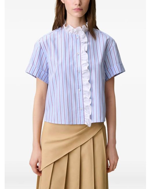 Claudie Pierlot Blue Ruffle-Trimmed Striped Shirt