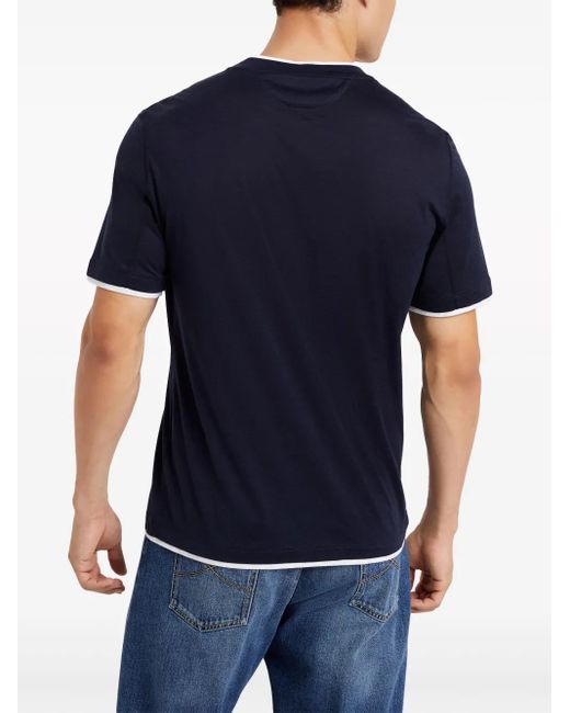 Brunello Cucinelli Blue Faux Layering Silk And Cotton T-Shirt for men