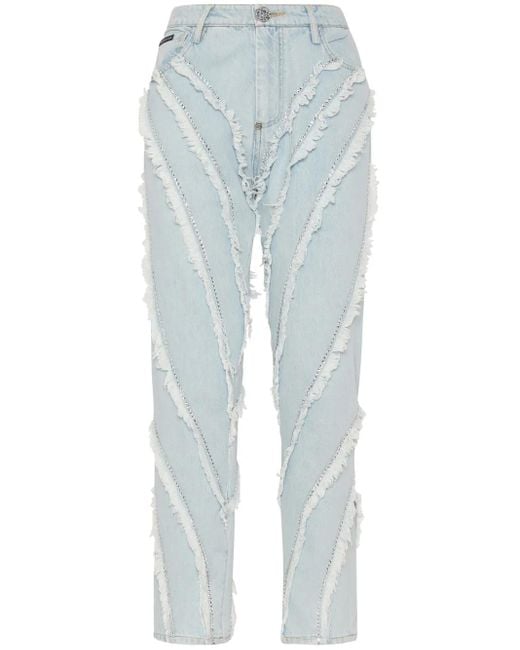 Philipp Plein Blue Distressed Rhinestone-Embellished Jeans