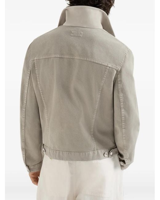 Brunello Cucinelli Gray Veste En Denim De Coton Léger Teint À Col En Cuir for men