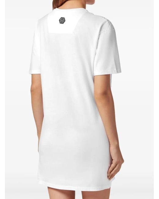 Philipp Plein White Crystal-Logo T-Shirt Dress