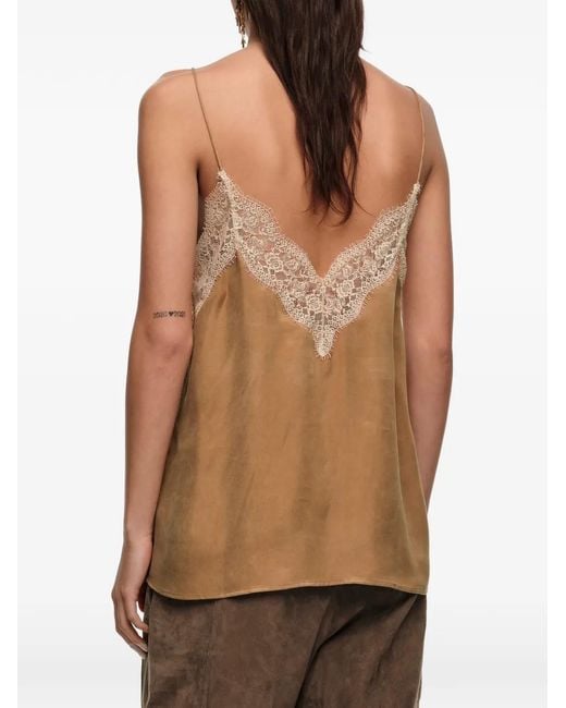 Bimba Y Lola Natural Lace-Trim V-Neck Top