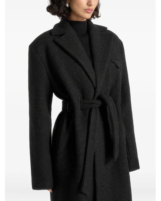 Manière De Voir Black Jena Wide Shoulder Wool Coat With Cinch Belt