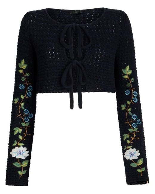 Etro Black Floral-embroidered Crochet-knit Cardigan