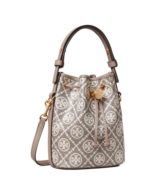 Tory Burch White T Monogram Coated-Jacquard Mini Bucket Bag