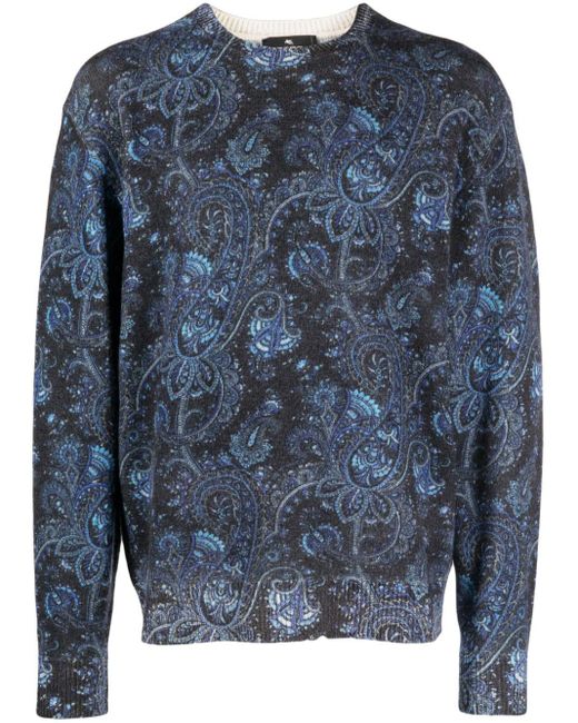 Etro Blue Paisley-print Wool Jumper for men
