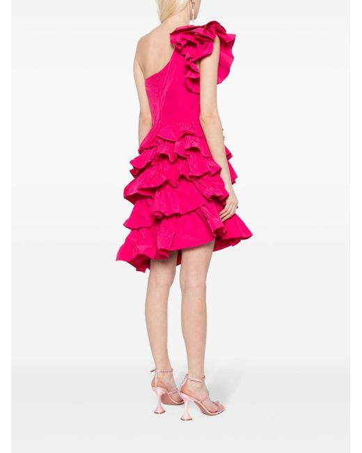 Marchesa Pink Taffeta One-shoulder Tiered Mini Dress