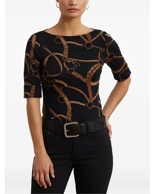 Ralph Lauren Black Belting-Print Boat-Neck T-Shirt