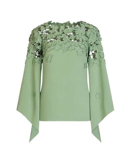 Oscar de la Renta Green Long-Sleeve Embroidered Blouse