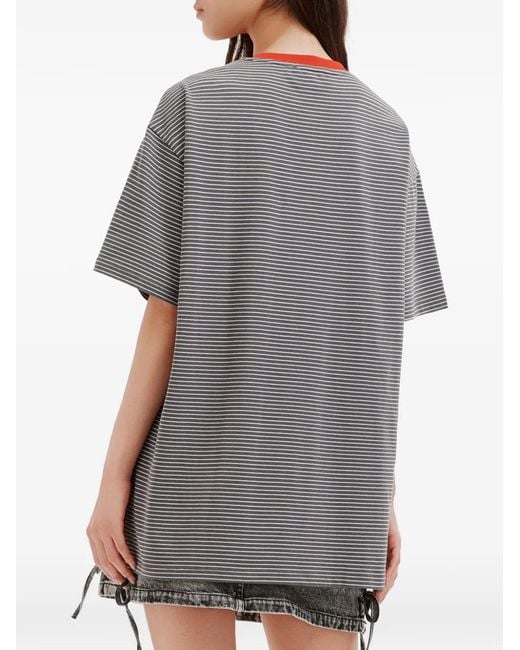 Mini Cream Gray Striped Graphic-Print Cotton T-Shirt