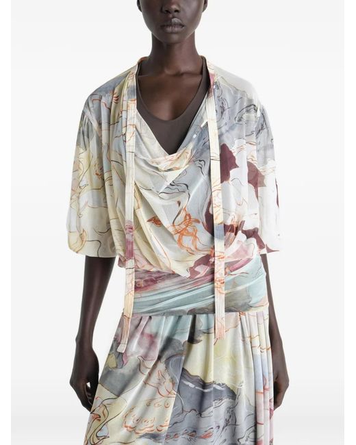 Lemaire White Draped Floral Print Midi Dress