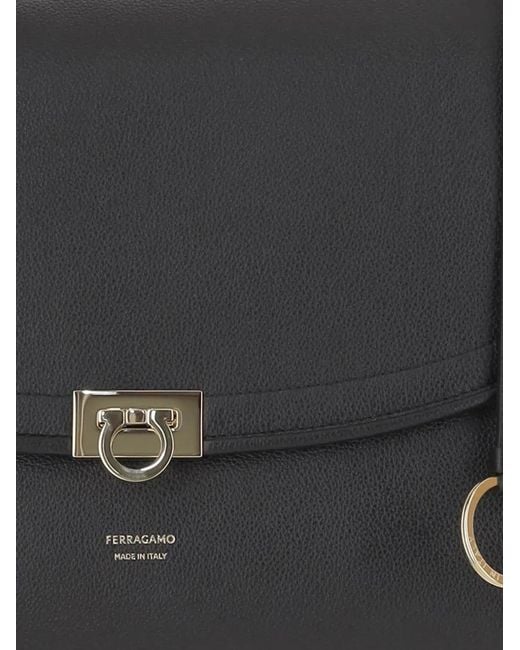Ferragamo Black Gancini-Clasp Leather Large Shoulder Bag