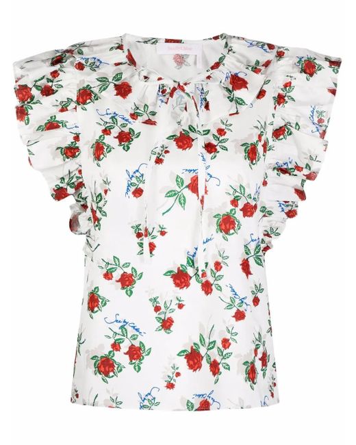 See By Chloé White Floral-Print Ruffle-Collar Blouse