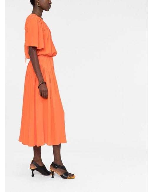 Marni Orange Robe Mi-Longue En Soie À Fronces