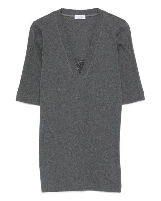 Brunello Cucinelli Gray V-Neck Embellished T-Shirt