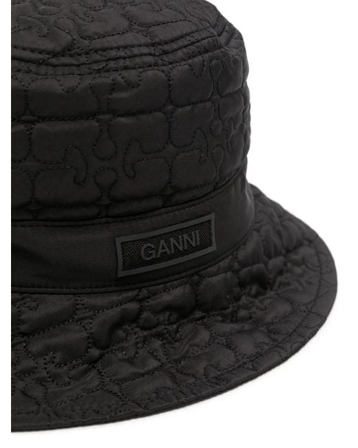 Ganni Black Logo-Patch Quilted Bucket Hat