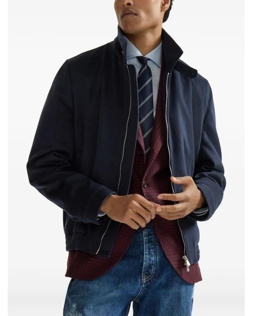 Brunello Cucinelli Blue Veste Bomber En Laine Vierge À Fermeture Zippée for men