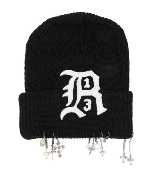 R13 Black Appliqué Charm Beanie