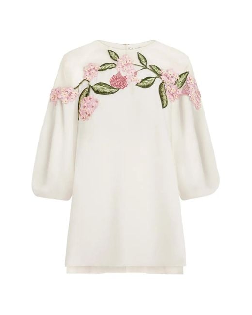 Oscar de la Renta White Porcelain Flower Embroidered Illusion Blouse