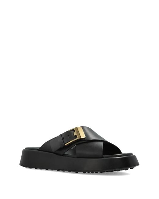 Tod's Black Leather Slides With Logo