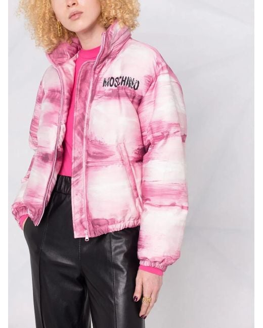 Moschino Pink Brushstroke-Print Puffer Jacket
