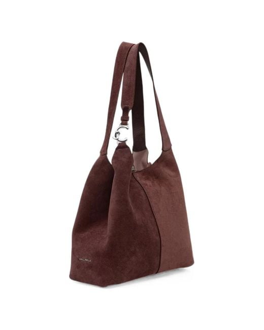 Coccinelle Brown Suede Logo-Plaque Tote Bag