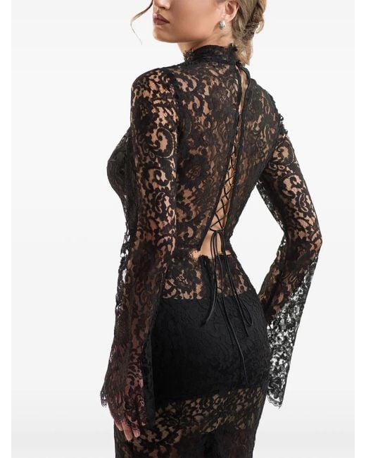 IMROSKA Black Lace-Up Floral-Lace Blouse