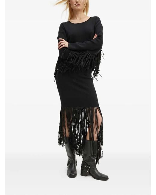 Munthe Black Fringe-Detail Midi Skirt