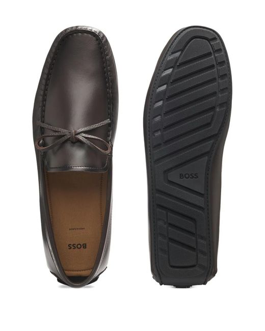 Boss Gray Leather Driver Moccasins With Bow Trim for men