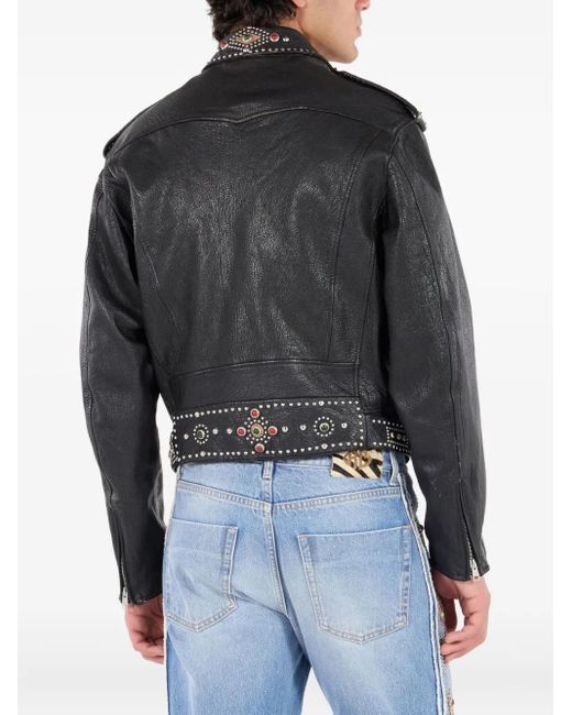Roberto Cavalli Black Stud-Embellished Leather Biker Jacket for men