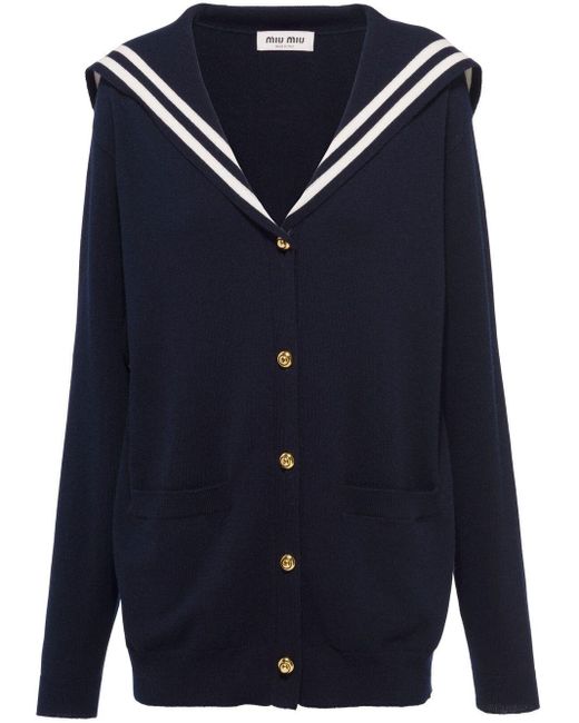 Miu Miu Blue Sailor-collar Cashmere-knit Cardigan