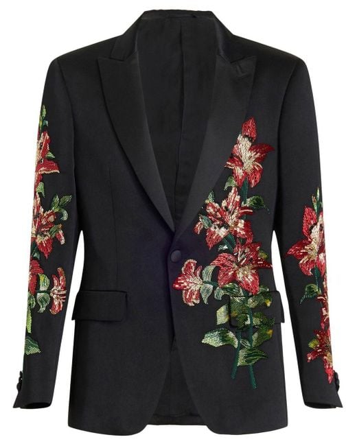 Etro Black Floral-embroidered Single-breasted Blazer for men