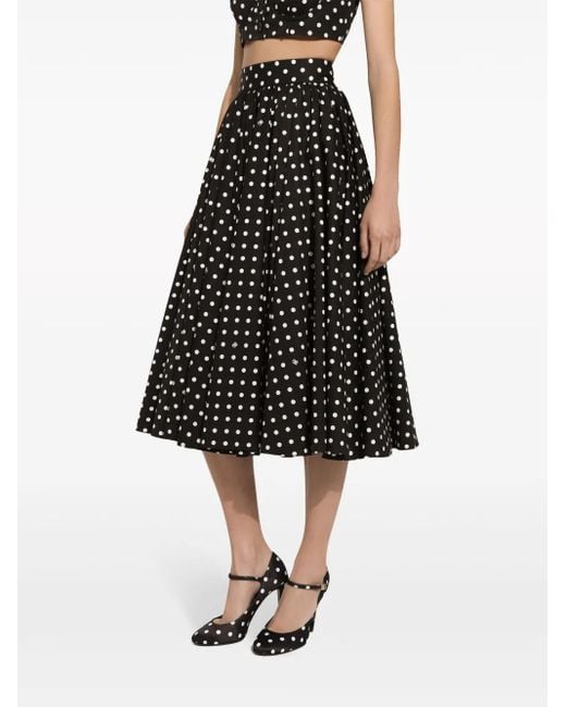 Dolce & Gabbana Black Cotton Calf-Length Circle Skirt With Polka-Dot
