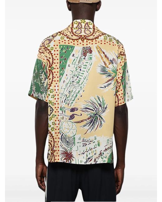 Rhude Green Palm-Print Silk Shirt for men