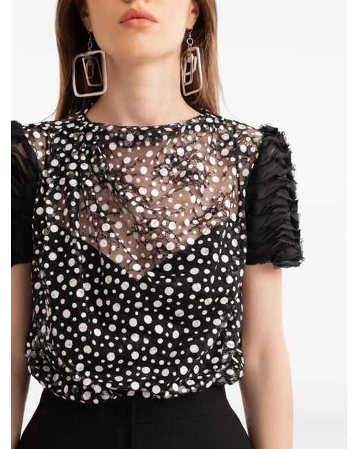 Gemy Maalouf Black Polka Dot Mesh Blouse