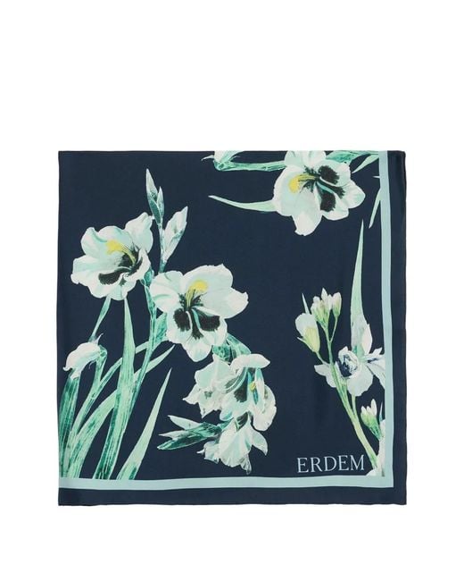 Erdem Blue Floral-Print Silk Scarf