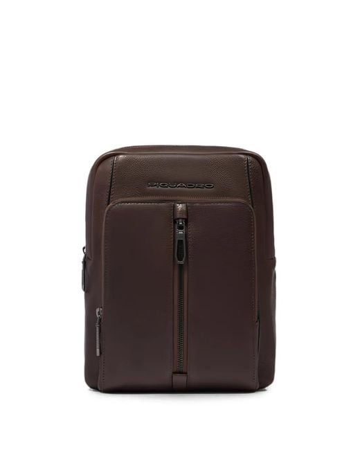 Piquadro Brown Logo-Plaque Pebbled-Leather Backpack for men