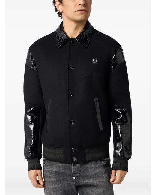 Philipp Plein Black Coster Crocodile-Effect Jacket for men