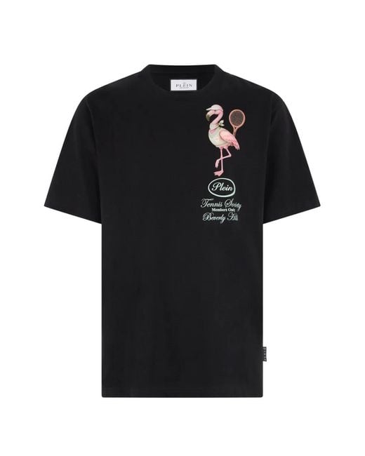 Philipp Plein Black Round Neck T-Shirt Flamingo Tennis Society for men