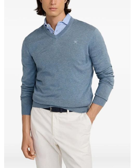 Hackett Blue V-Neck Embroidered Sweater for men